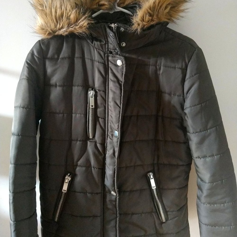 Forever 21 Dark Green Jacket Coat faux fur Hooded Size Small